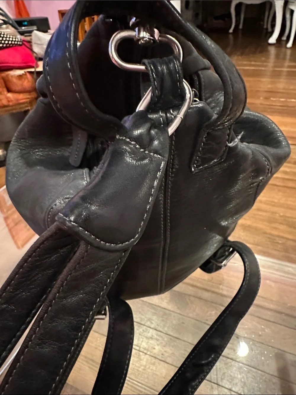 Tignanello Convertible Black Leather Backpack / Sling with Silver Hardware